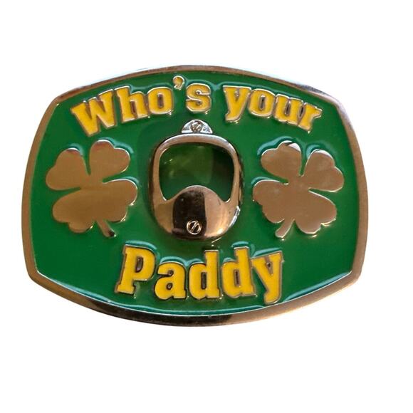 Who's Your Paddy St. Patrick's Day Belt Buckle Bottle Opener Green Yellow Silver - Picture 1 of 2